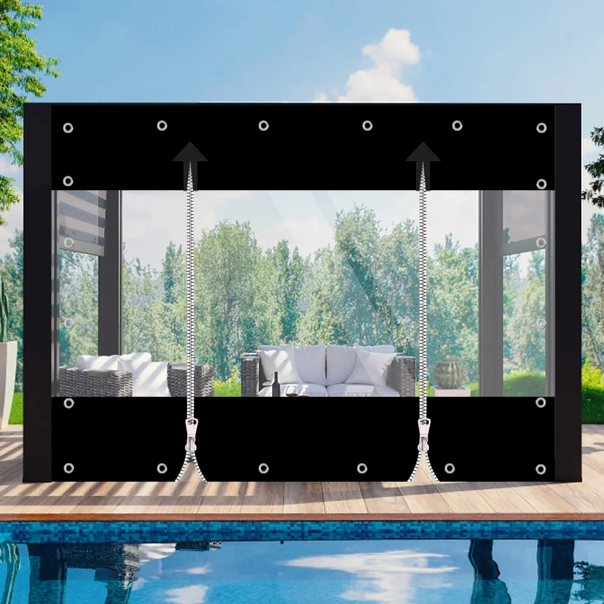 PVC Tarpaulin with Two Zippers Thickened 0.55mm 650 g/m² Waterproof Tarp Vinyl Outdoor Curtains for Patio Pergola Gazebo Porch