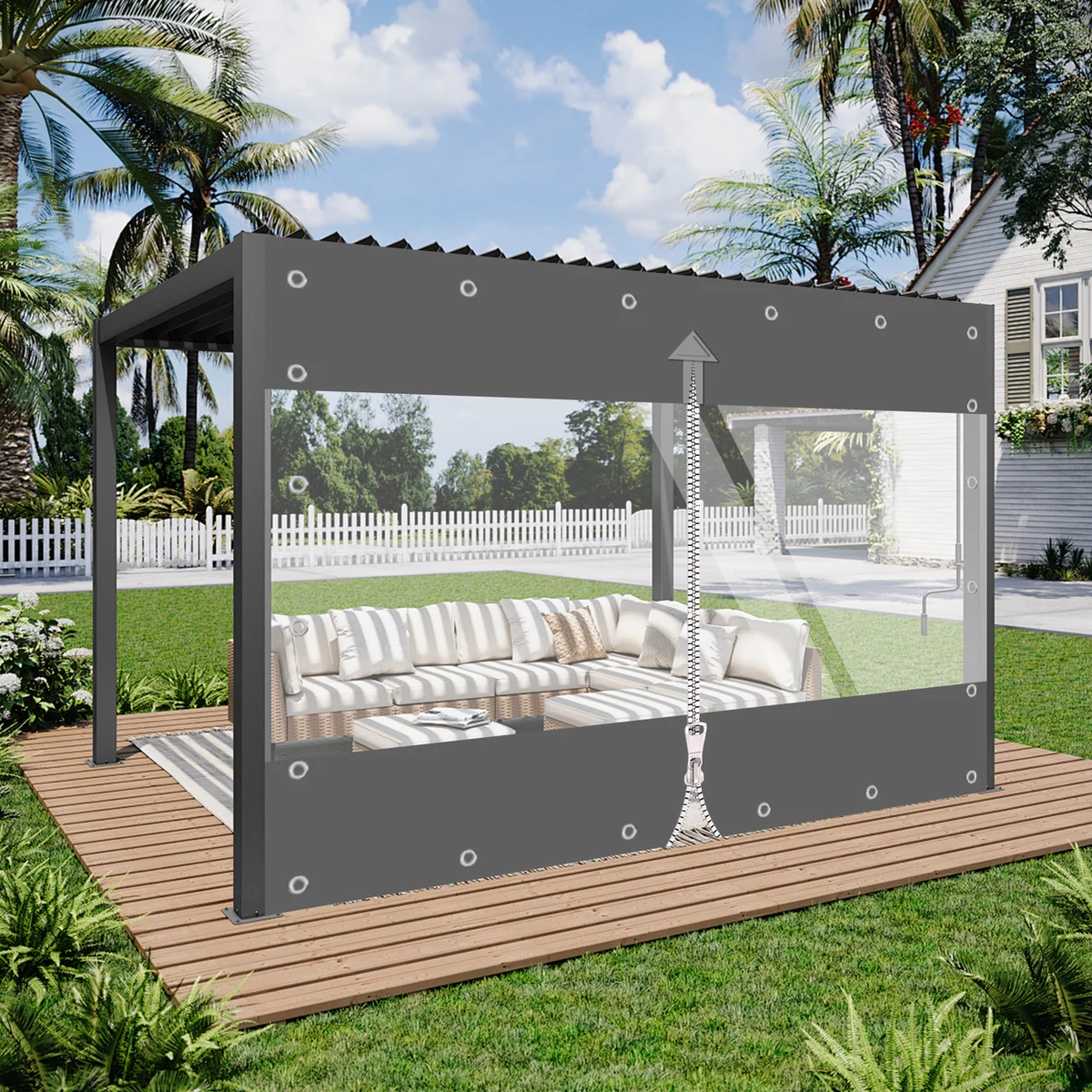 Waterproof Heavy-duty Tarp with Zip 650g/m² Transparent Tarpaulin Weatherproof Outdoor PVC Curtain for Porch Pergola Garage